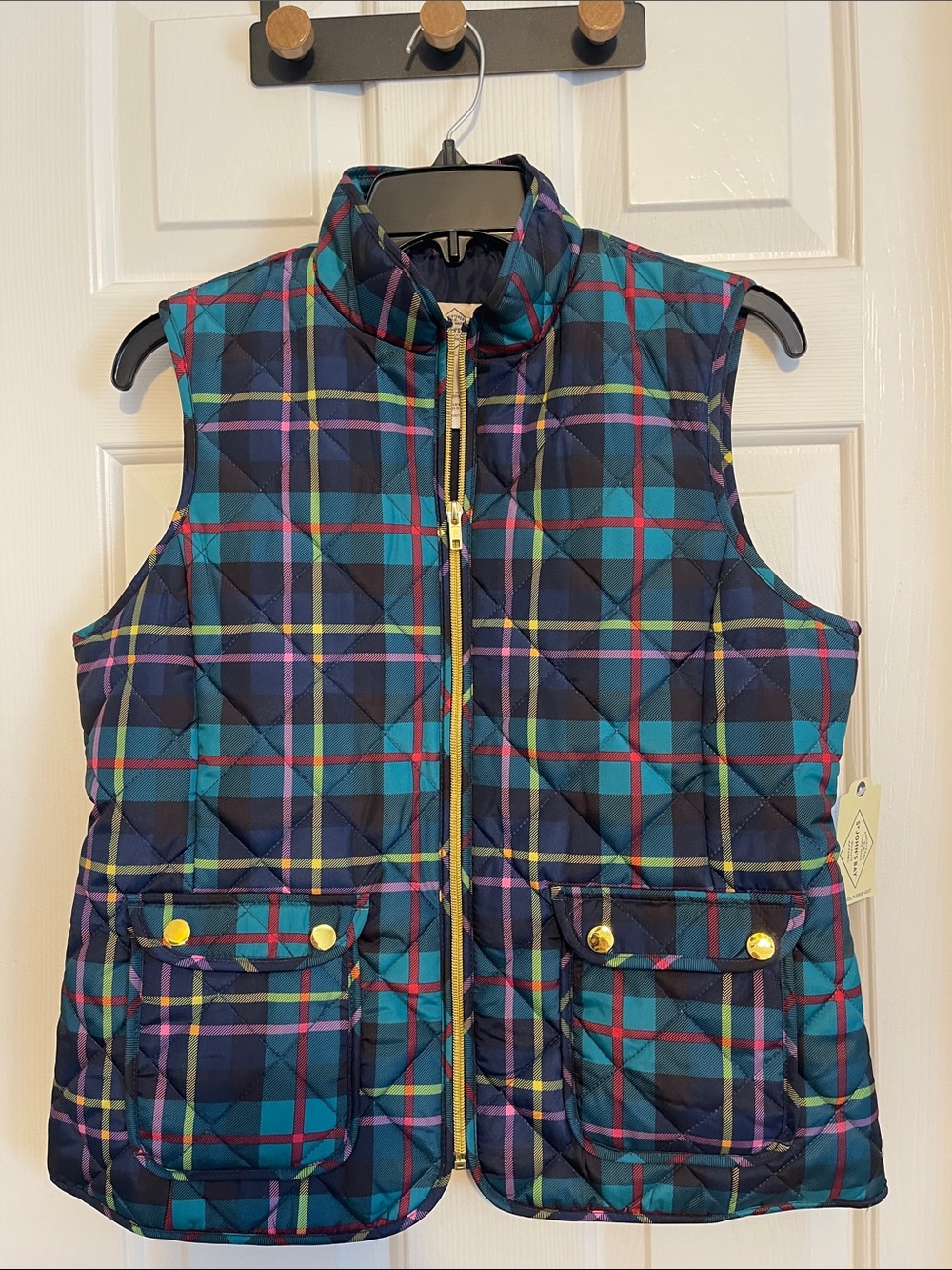 Plaid Quilted Puffer Vest in Teal & Navy